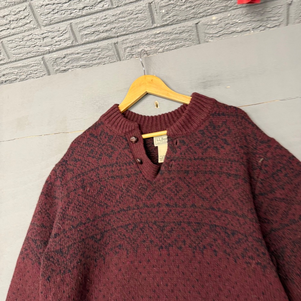 LL Bean Mens XL Lambswool Fair Isle‎ Henley Sweater Burgundy Navy 298259